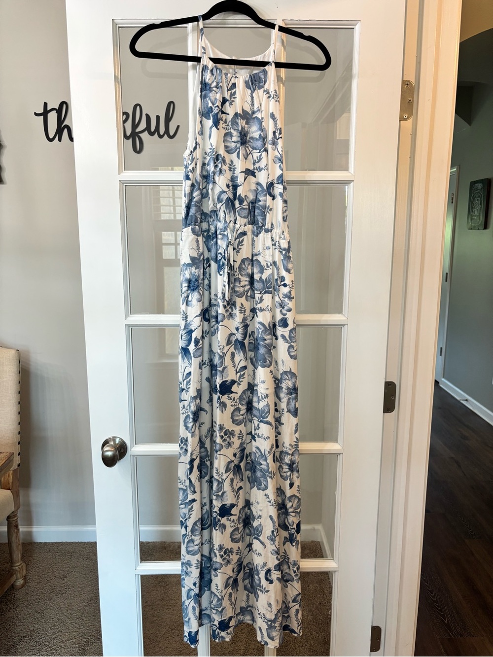 Mustard Seed White Maxi Dress with Blue Floral Print